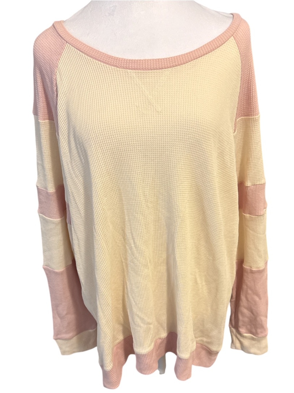 Cream and Pink Waffle Knit Raglan Sleeve knit Top
